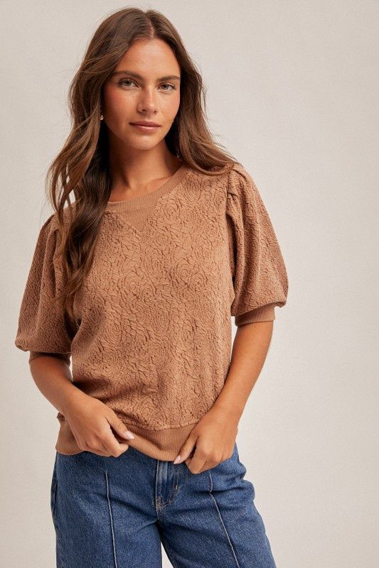 Floral Knit Pleated Sleeve Jacquard Sweatshirt