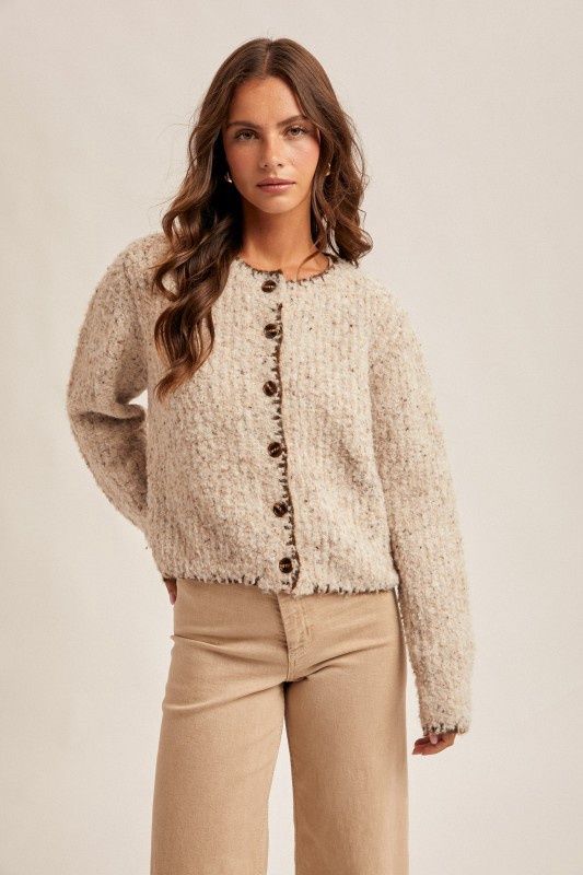Speckled Yarn Edge Stitched Button Down Cardigan