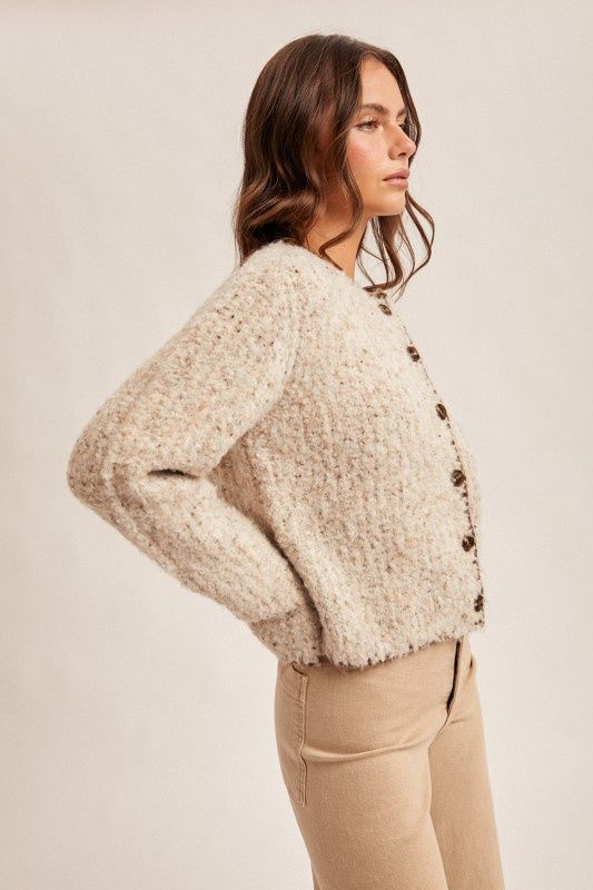 Speckled Yarn Edge Stitched Button Down Cardigan