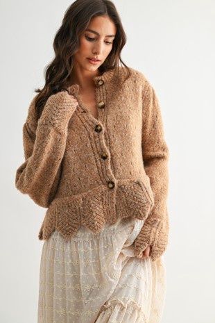 Textured Wool Blend Cardigan with scalloped Hem