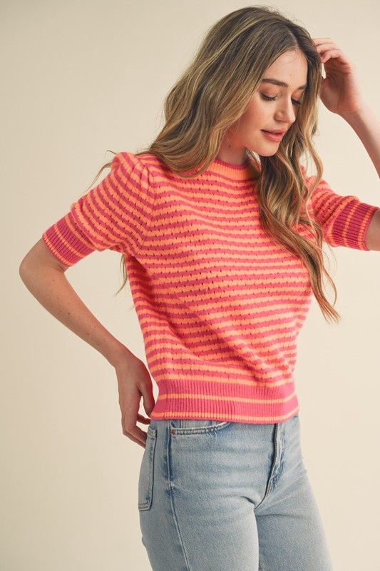 Round Neck Stripe Short Sleeve Sweater
