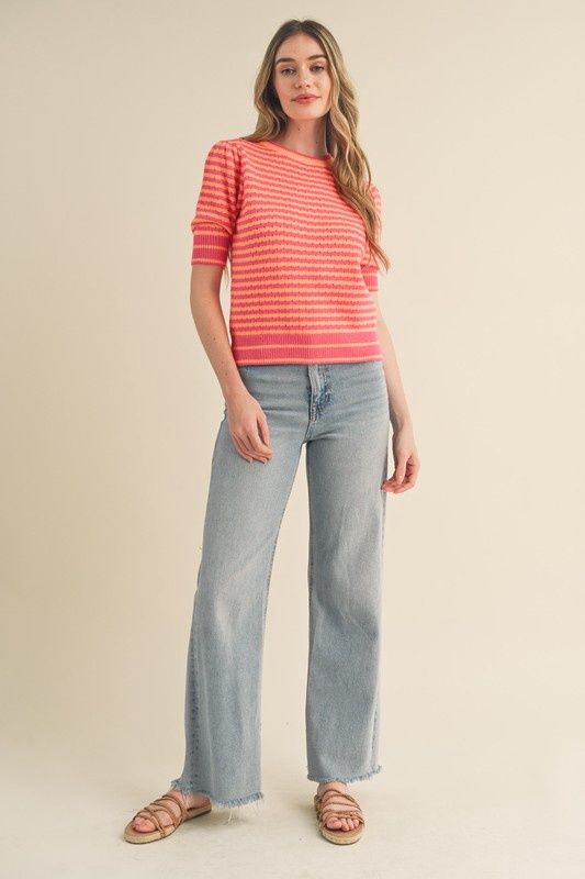 Round Neck Stripe Short Sleeve Sweater