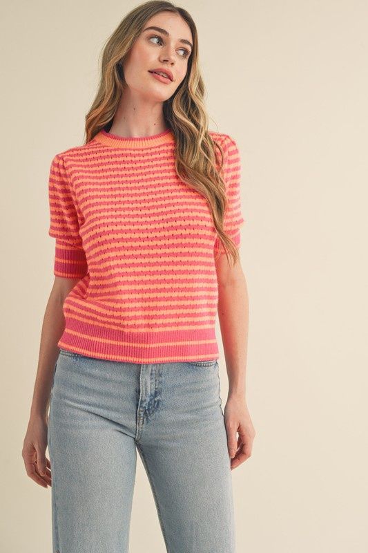 Round Neck Stripe Short Sleeve Sweater