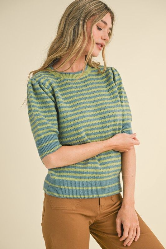 Round Neck Stripe Short Sleeve Sweater