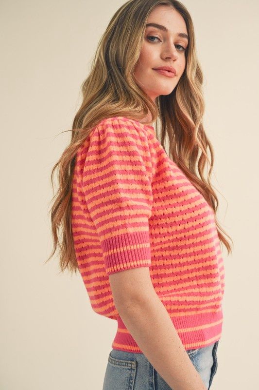 Round Neck Stripe Short Sleeve Sweater