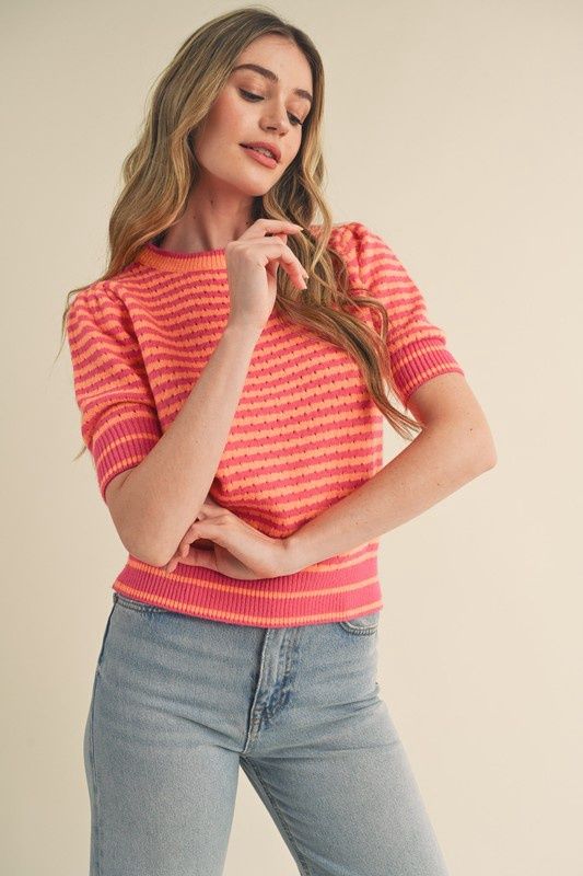 Round Neck Stripe Short Sleeve Sweater