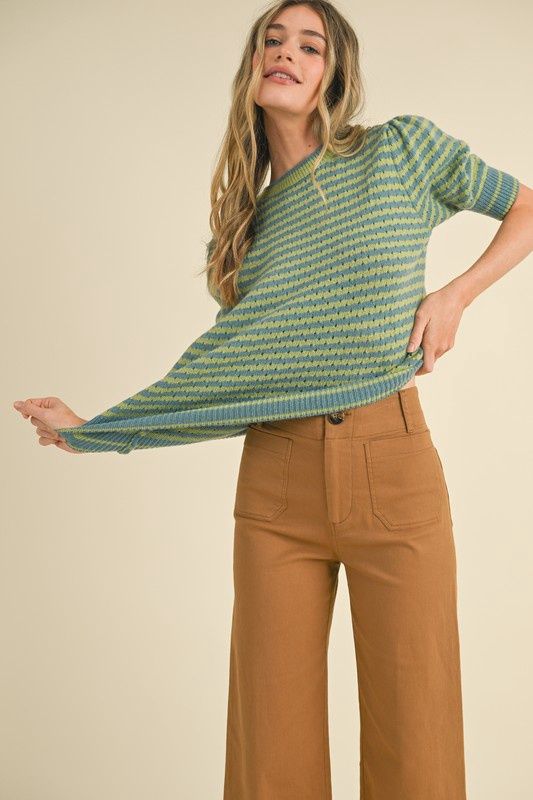 Round Neck Stripe Short Sleeve Sweater