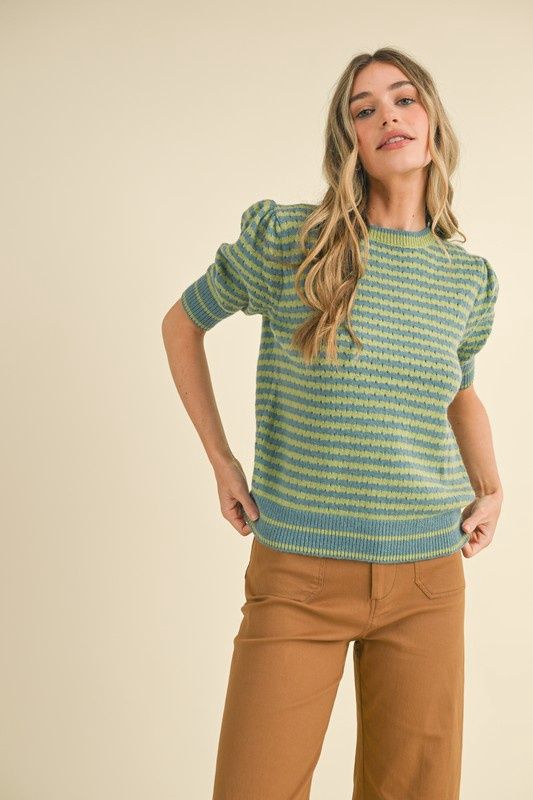 Round Neck Stripe Short Sleeve Sweater