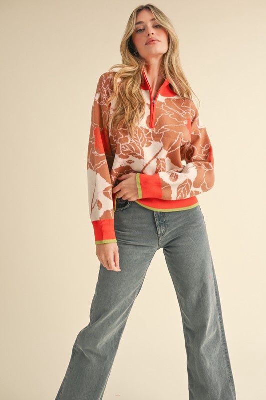 Mock Neck Half Zip Floral