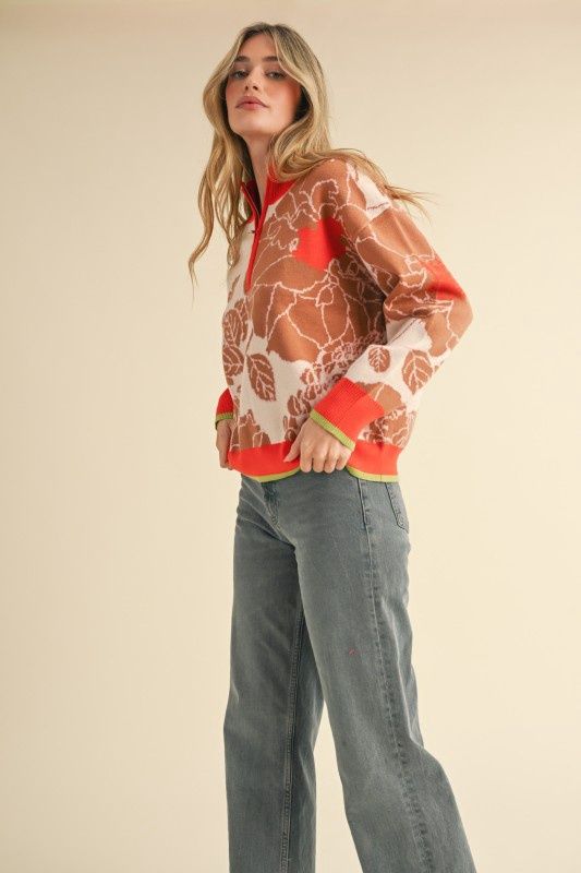 Mock Neck Half Zip Floral