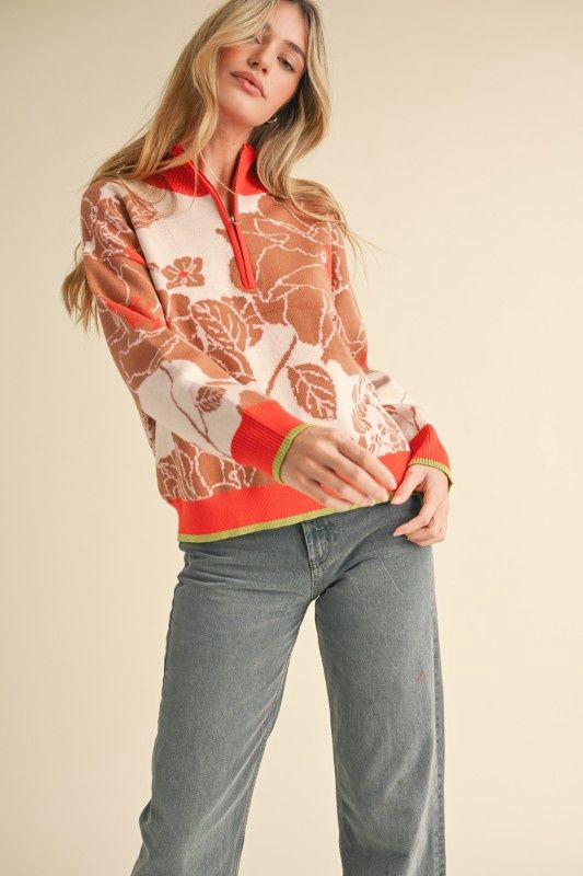 Mock Neck Half Zip Floral
