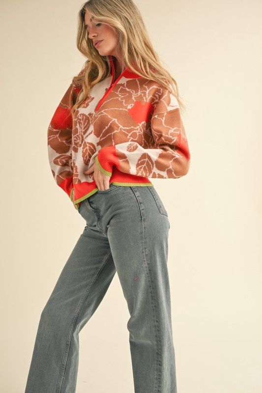 Mock Neck Half Zip Floral