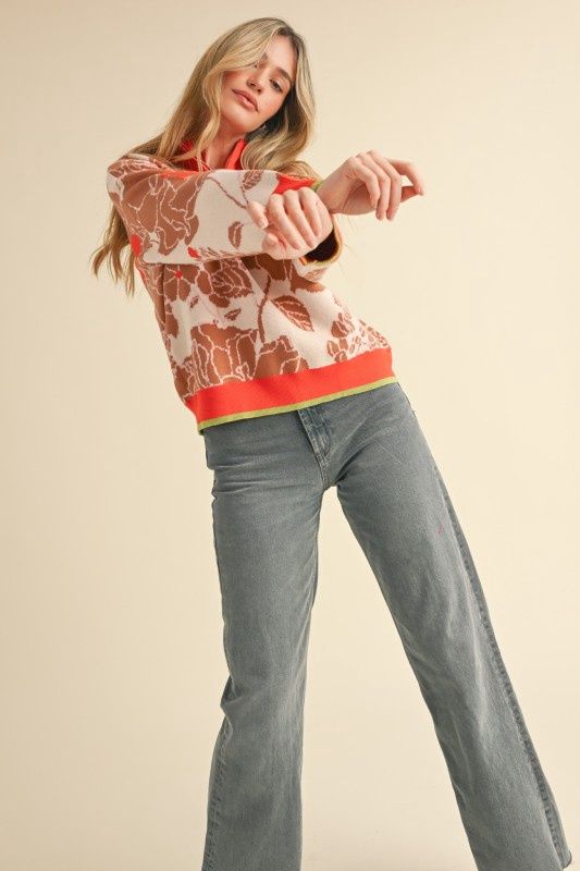Mock Neck Half Zip Floral