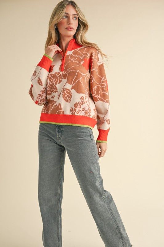 Mock Neck Half Zip Floral