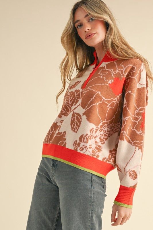 Mock Neck Half Zip Floral