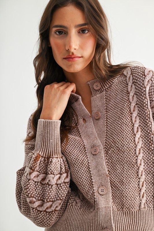 Washed Blended Brown Cable Knit Cardigan