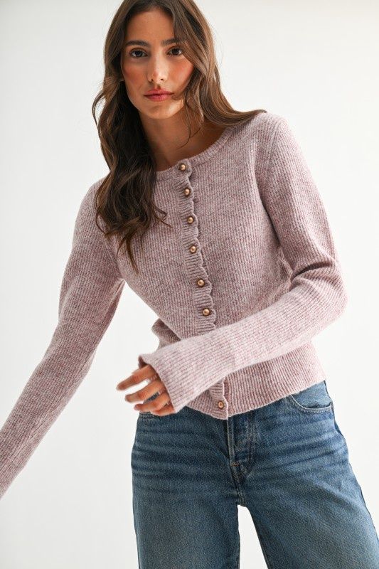 Pearl Button Ribbed Knit Cardigan
