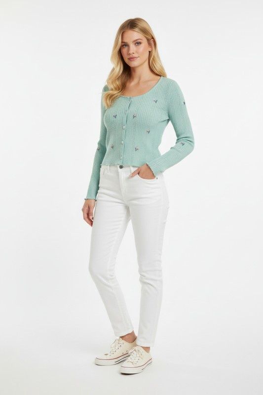 Button-up Ribbed Floral Embroidered Cardigan
