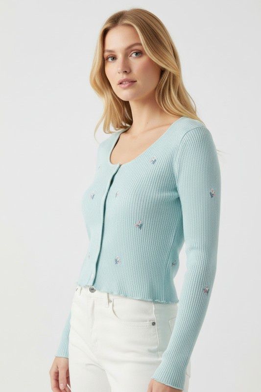 Button-up Ribbed Floral Embroidered Cardigan