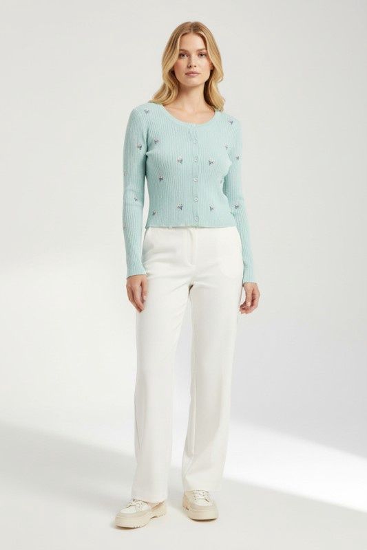 Button-up Ribbed Floral Embroidered Cardigan