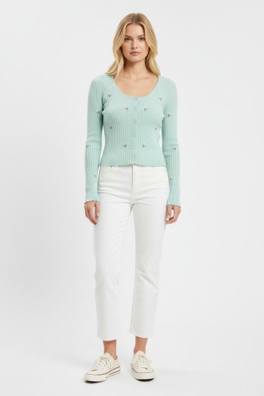Button-up Ribbed Floral Embroidered Cardigan