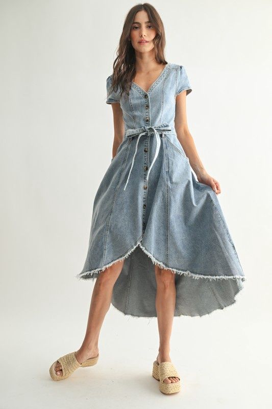 Front Button Down Asymmetrical Denim Dress