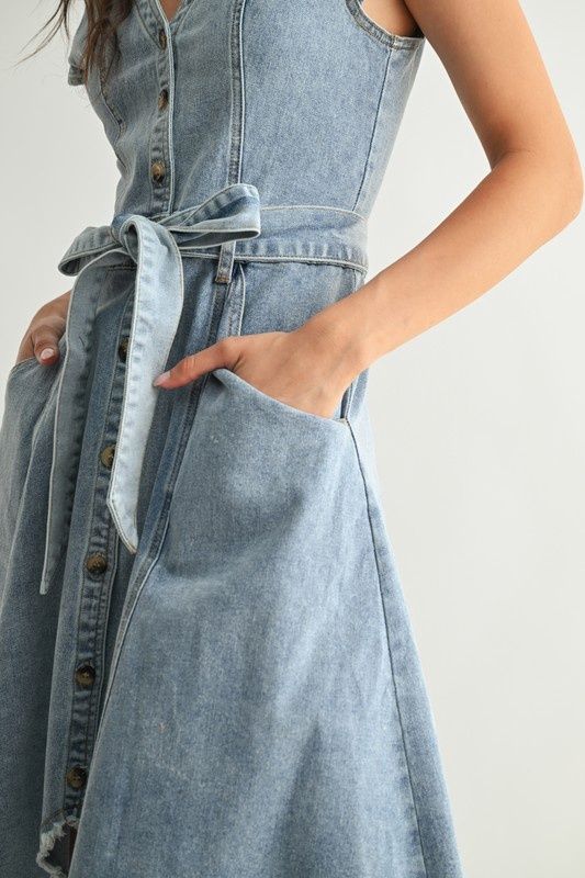 Front Button Down Asymmetrical Denim Dress