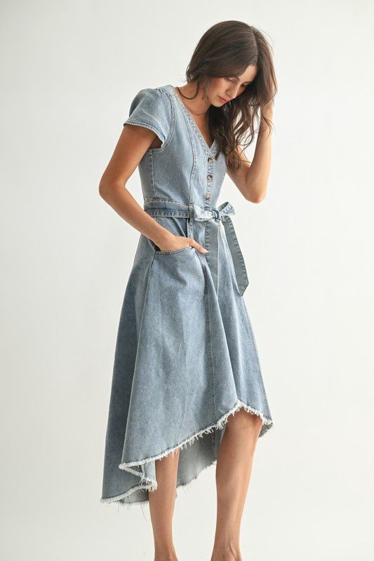Front Button Down Asymmetrical Denim Dress