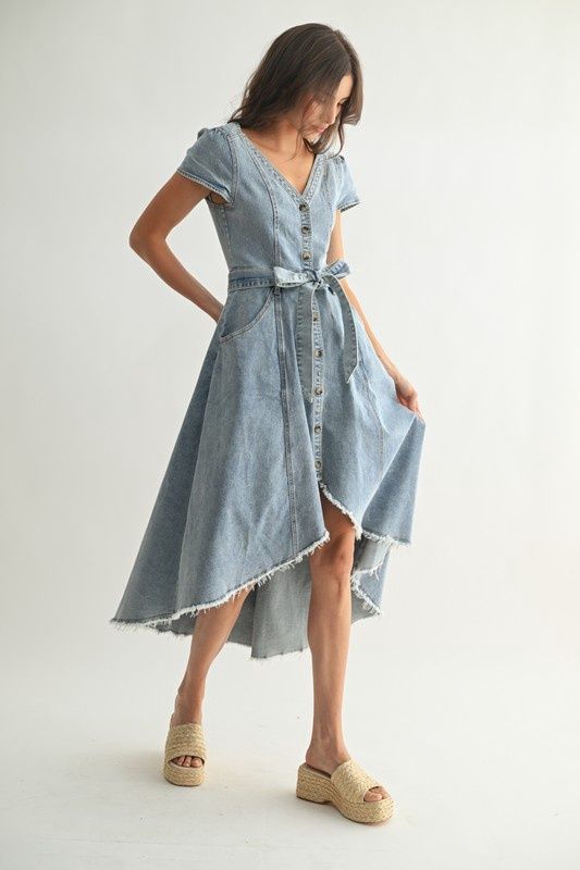 Front Button Down Asymmetrical Denim Dress