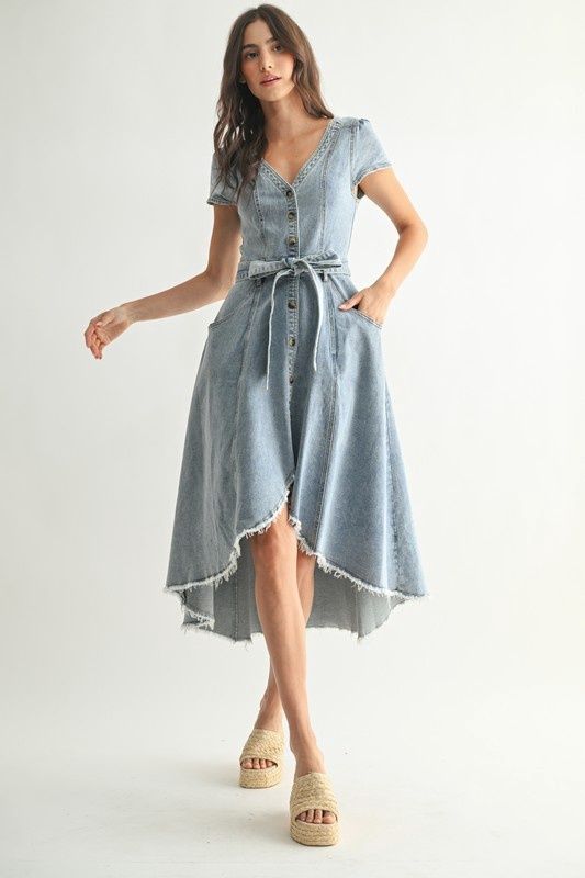 Front Button Down Asymmetrical Denim Dress