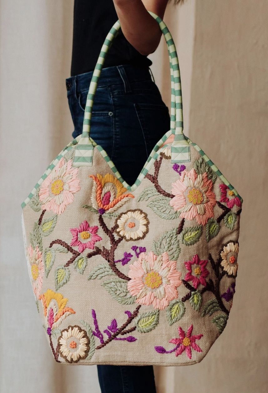 Green, Navy &amp; Multicolored Floral Tote