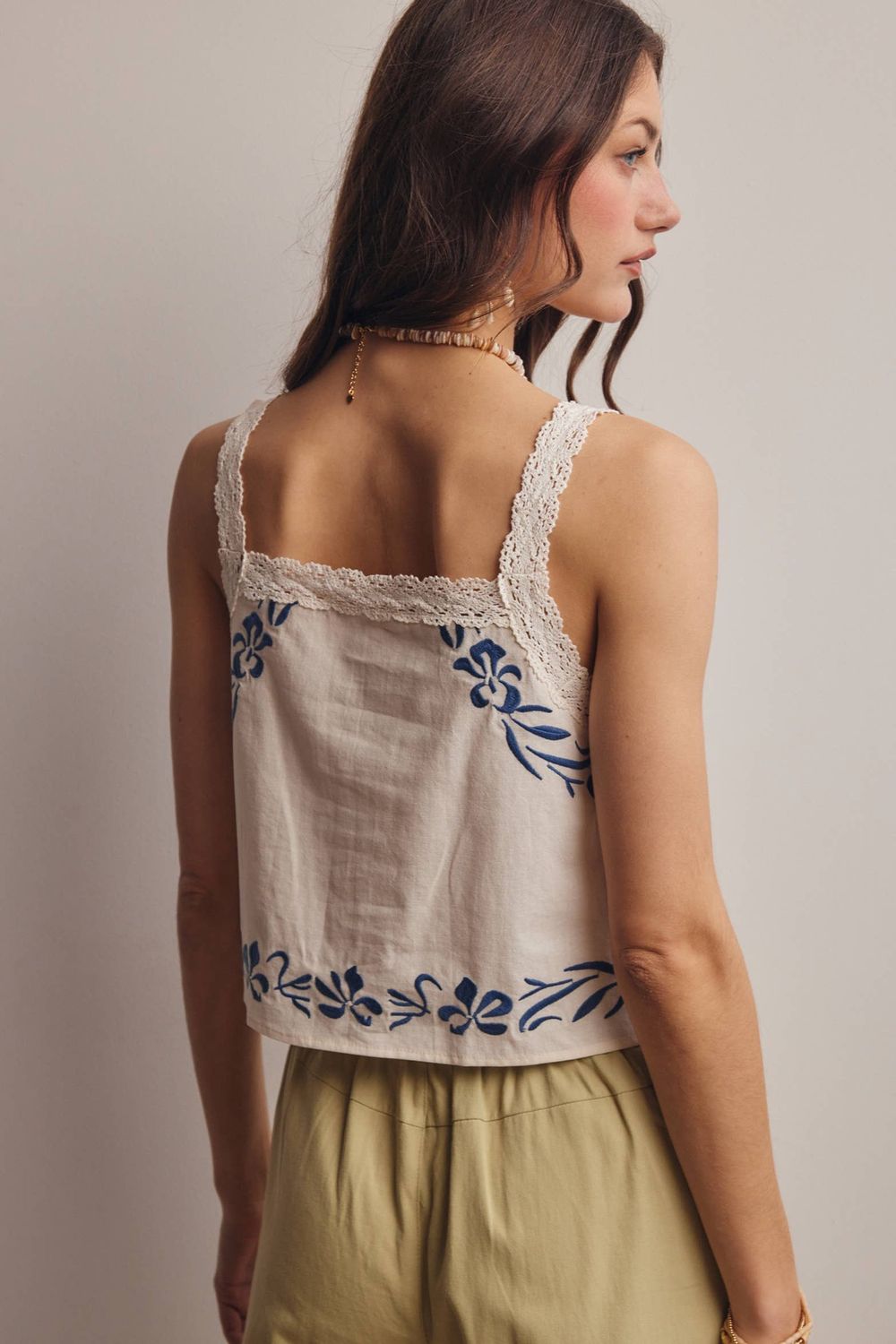 Embroidered Lace Trim Button-Front Tank Top