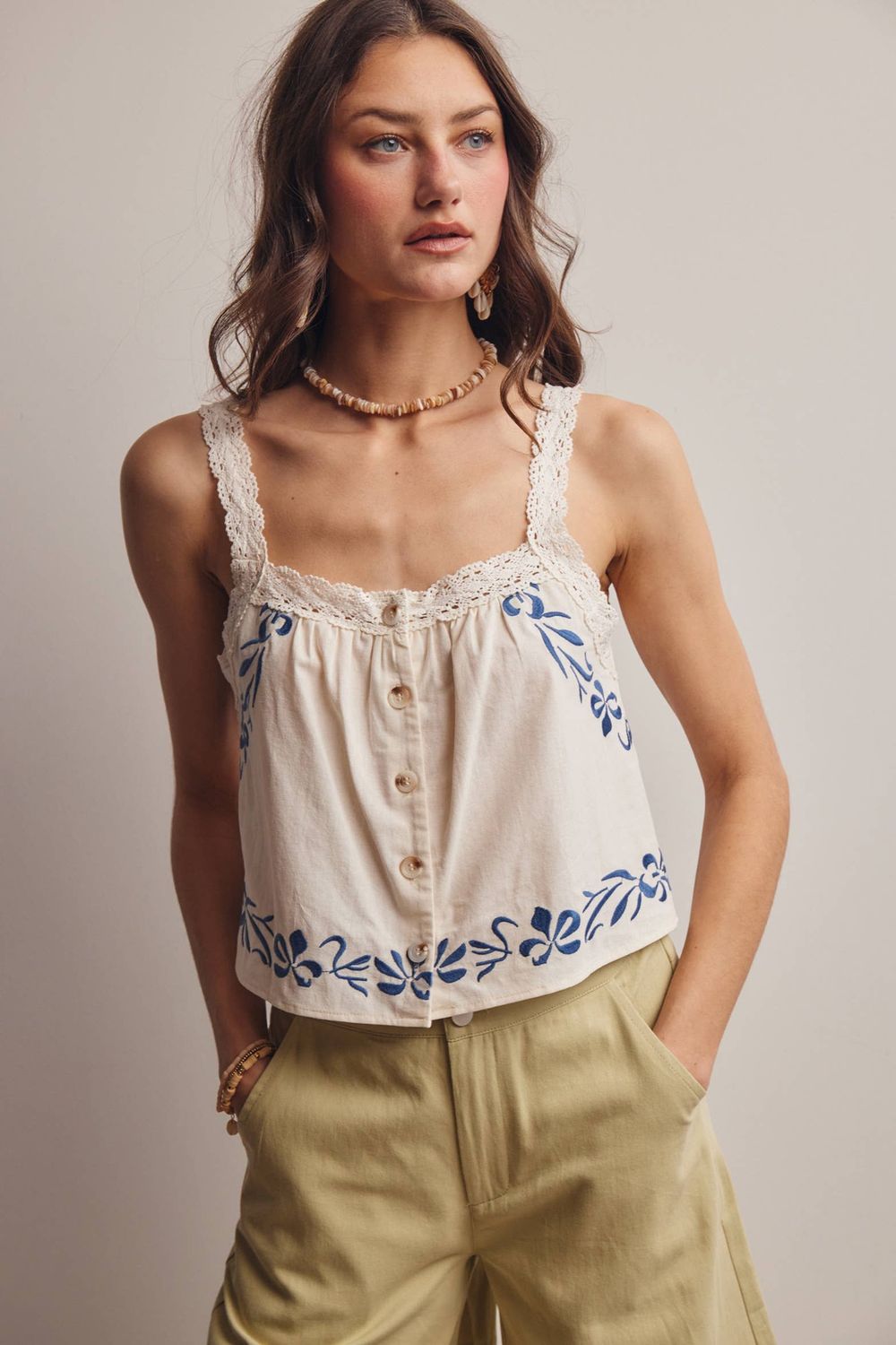 Embroidered Lace Trim Button-Front Tank Top