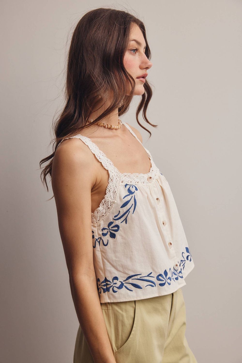 Embroidered Lace Trim Button-Front Tank Top