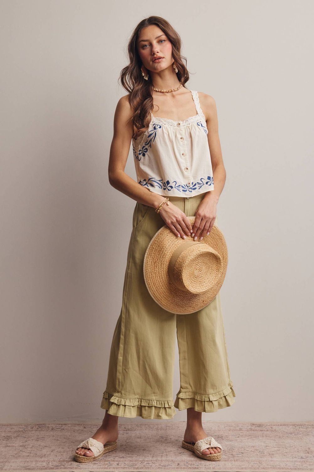 Embroidered Lace Trim Button-Front Tank Top
