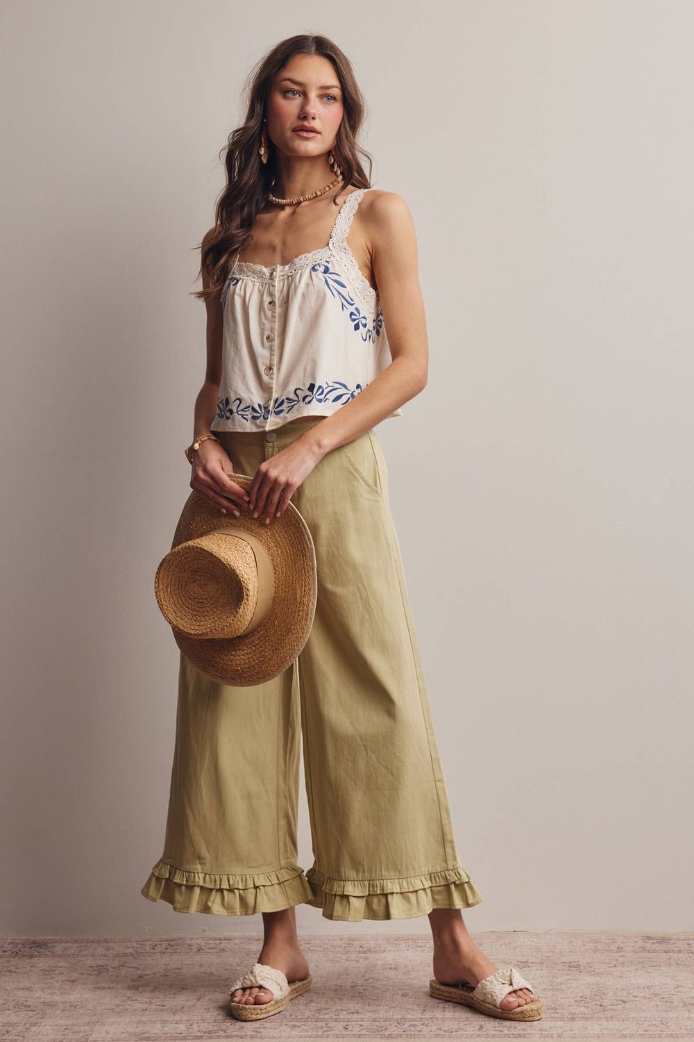 Embroidered Lace Trim Button-Front Tank Top