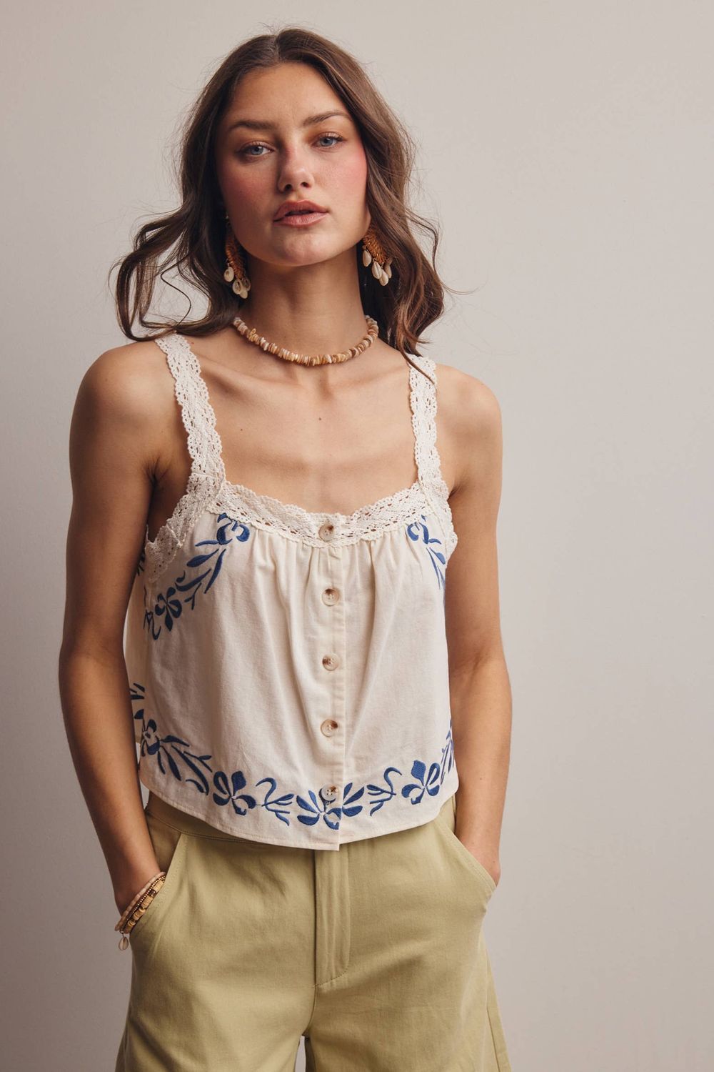 Embroidered Lace Trim Button-Front Tank Top