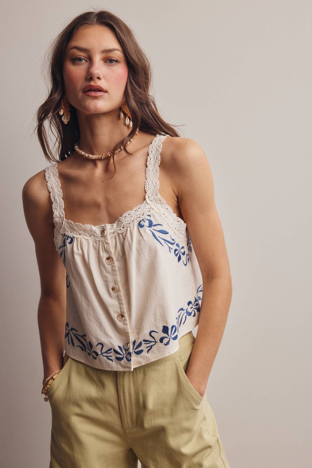 Embroidered Lace Trim Button-Front Tank Top