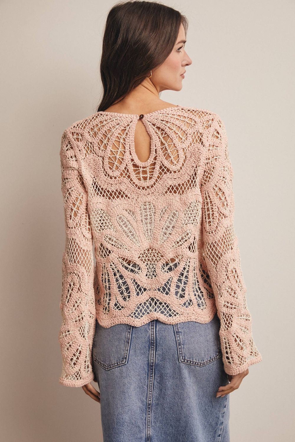 Crochet Floral Pattern Sweater Blush