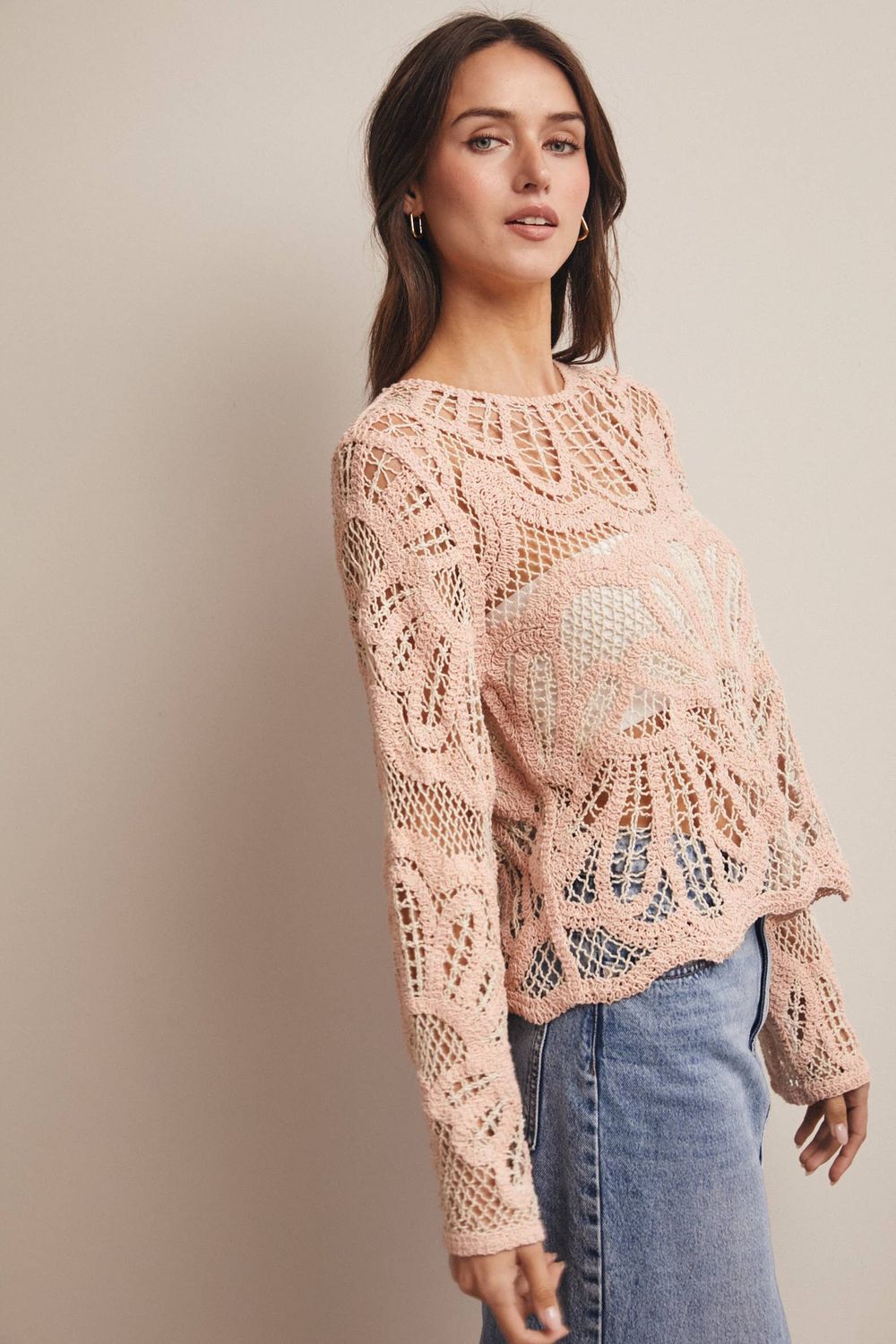 Crochet Floral Pattern Sweater Blush