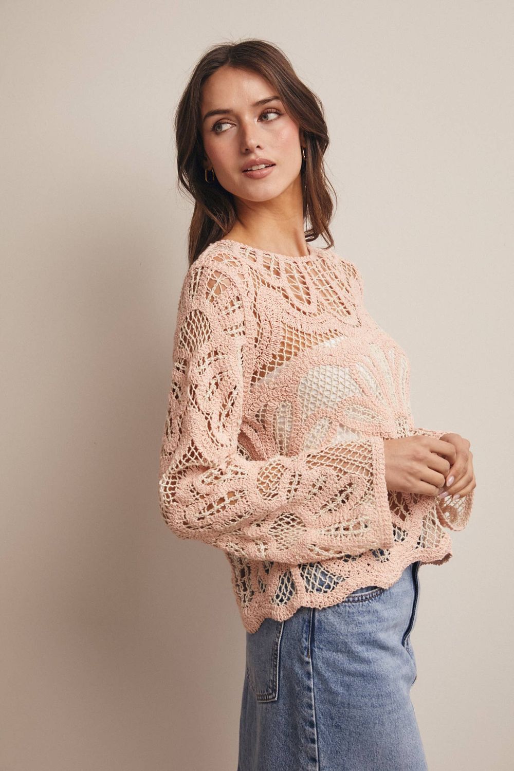 Crochet Floral Pattern Sweater Blush