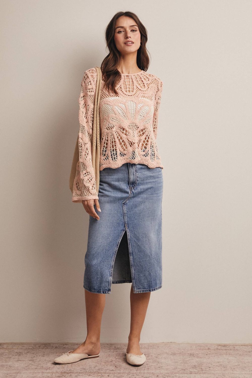 Crochet Floral Pattern Sweater Blush
