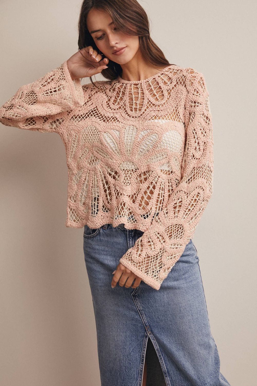 Crochet Floral Pattern Sweater Blush
