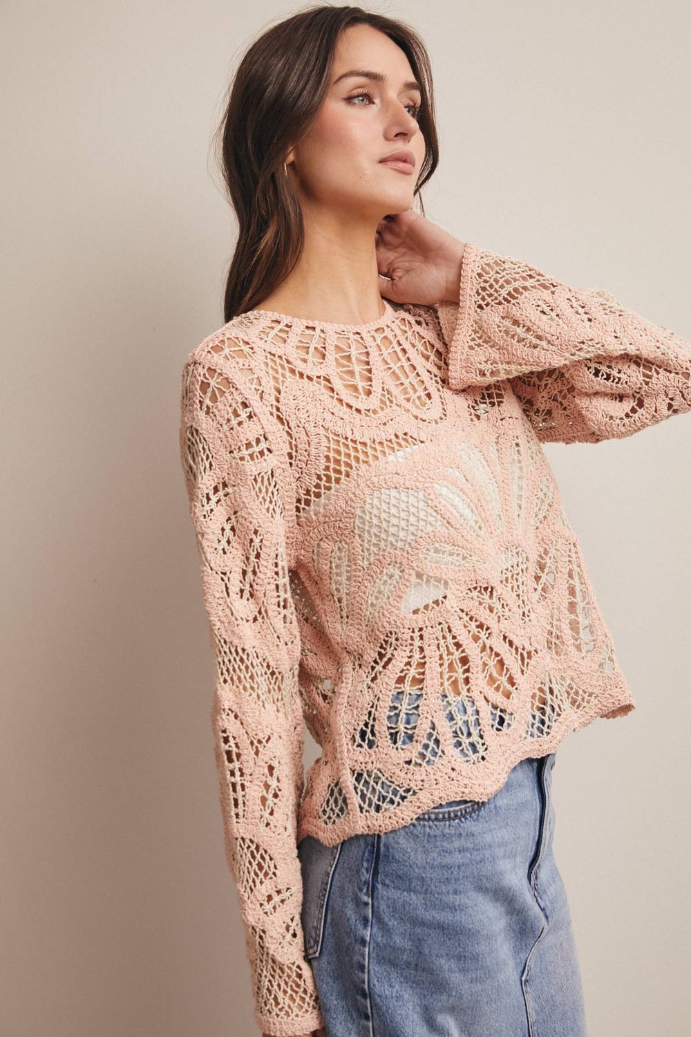 Crochet Floral Pattern Sweater Blush