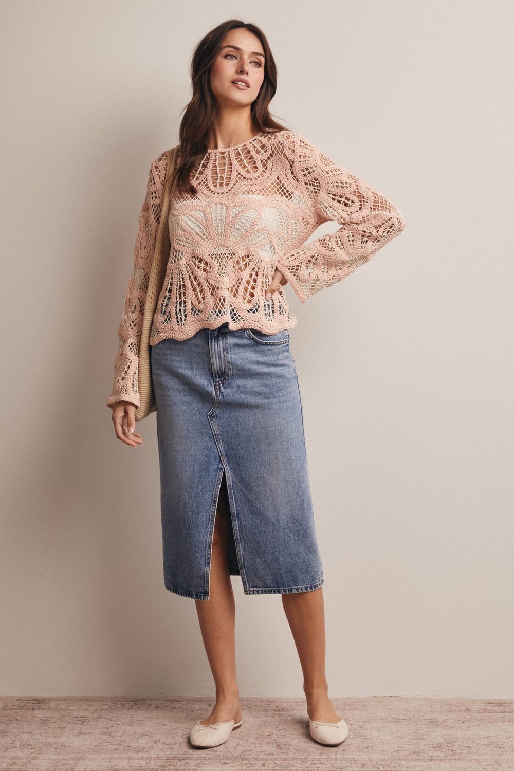 Crochet Floral Pattern Sweater Blush