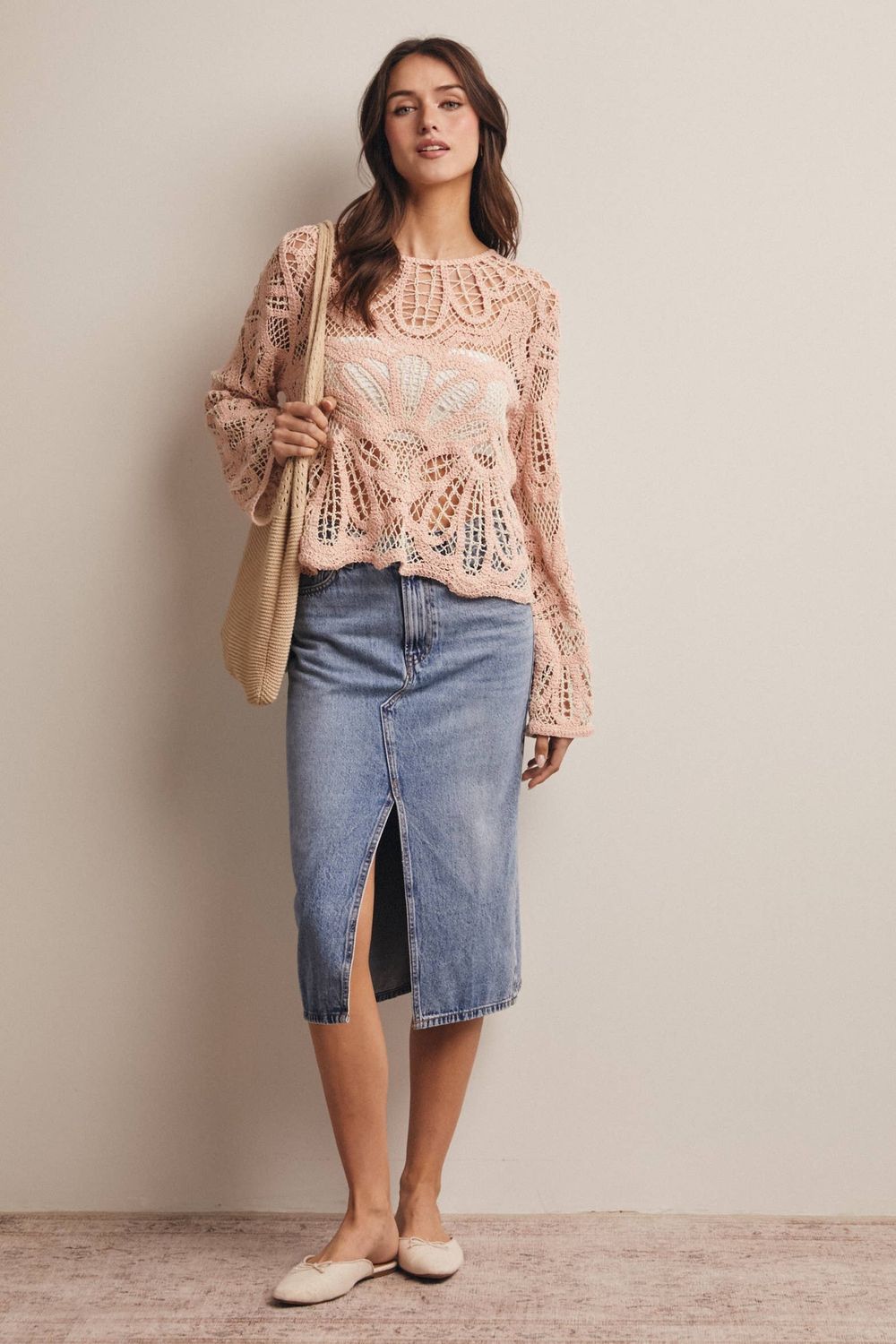 Crochet Floral Pattern Sweater Blush