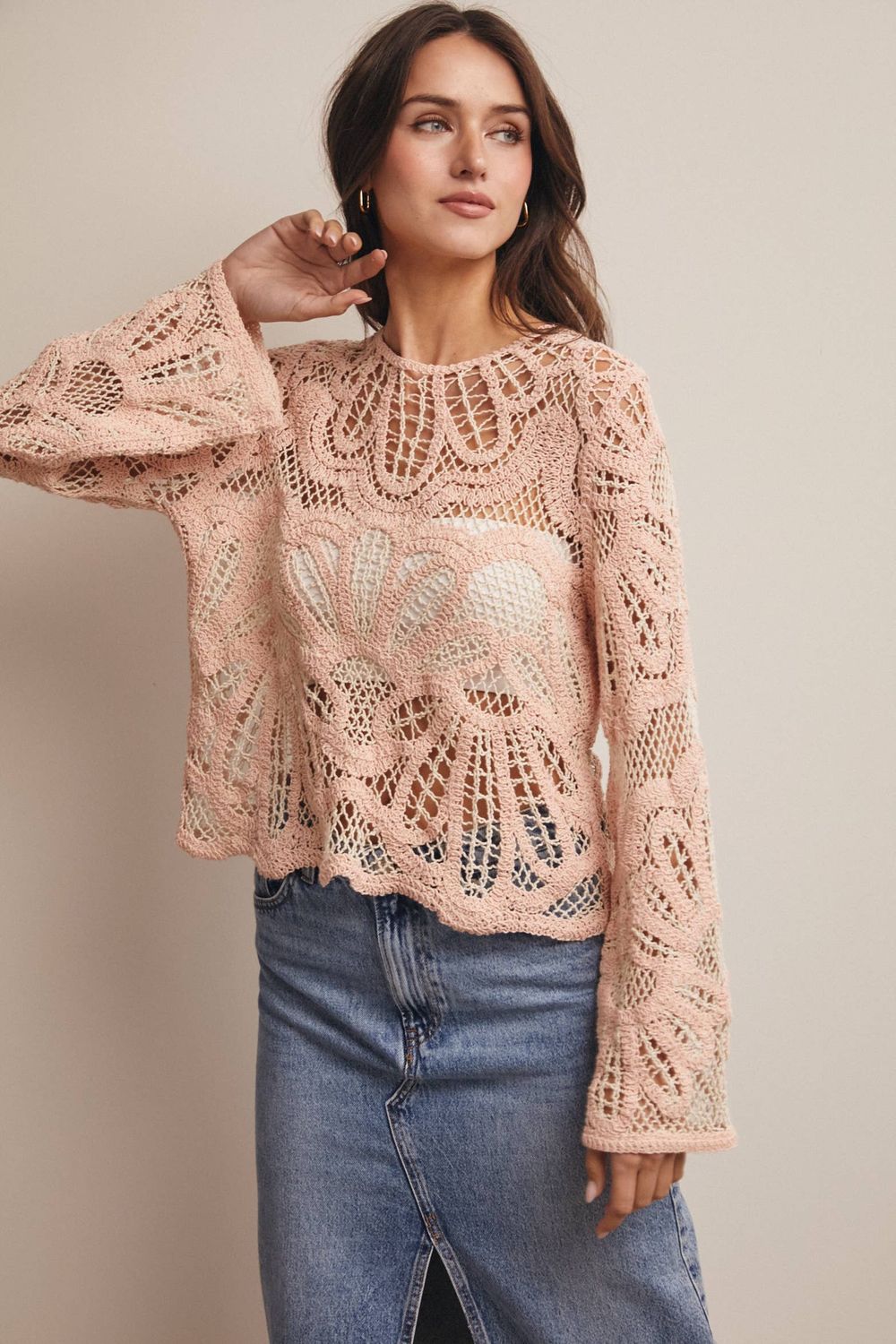 Crochet Floral Pattern Sweater Blush, Size: Small