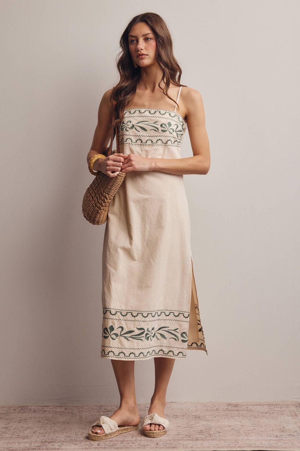 Embroidered Straight-Neck Cotton Midi Dress