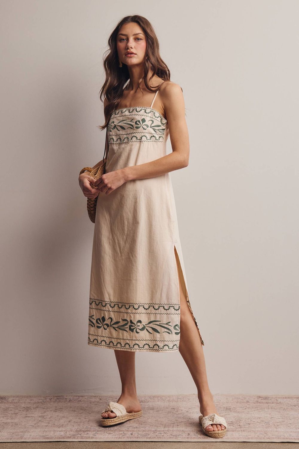 Embroidered Straight-Neck Cotton Midi Dress