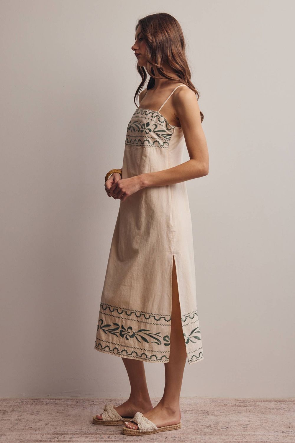 Embroidered Straight-Neck Cotton Midi Dress